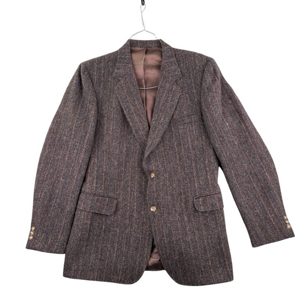 Harris Tweed Blazer Mens L Scottish Wool Tailored USA Brown Herringbone‎